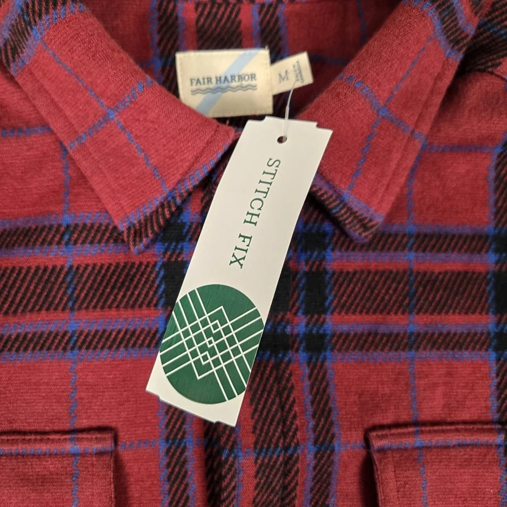 Fair Harbor Shirt Mens Medium Dunewood Ultra-Stretch Flannel Cobalt Wine Plaid